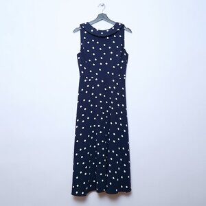 Boden Polka Dot Fit & Flare Sleeveless Dress Navy Blue Size 4R Small retro twee
